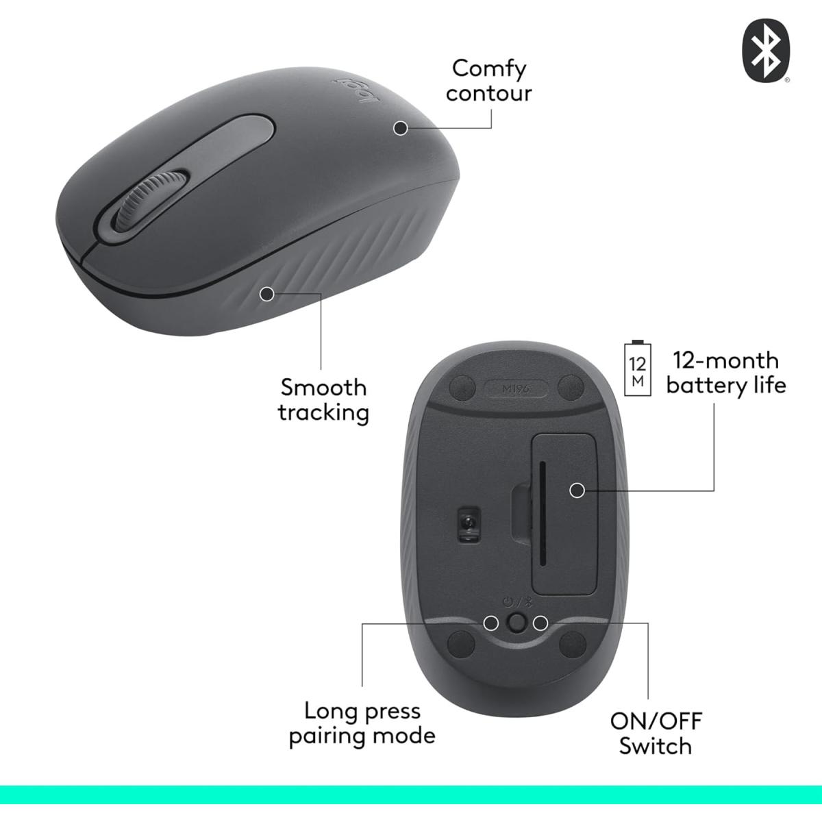 Logitech M196 Wireless (Bluetooth) Compact & Portable 1000 DPI Mouse, Smooth Optical Tracking, 12 Months Of Battery Life For Windows/macOS - Graphite