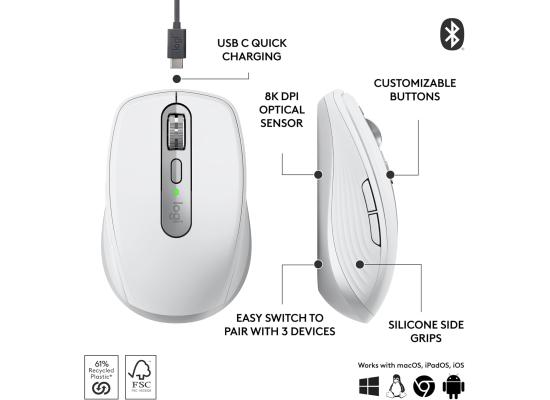 Logitech MX Anywhere 3S Compact Wireless Mouse, Fast Scrolling, 8K DPI Any-Surface Tracking, Quiet Clicks, Programmable Buttons, USB C, Bluetooth, Windows PC, Linux, Chrome, Mac - Pale Grey