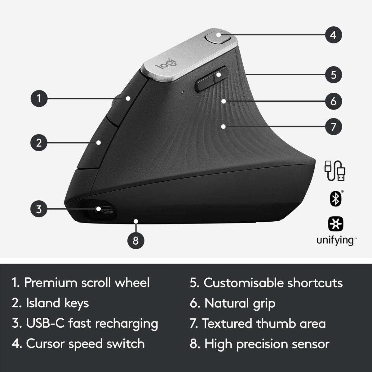 Logitech MX Vertical Wireless Mouse – Ergonomic Design Reduces Muscle Strain, Windows and Apple Computers, Graphite Logitech MX Vertical Wireless Mouse – Ergonomic Design Reduces Muscle Strain, Windows and Apple Computers, Graphite