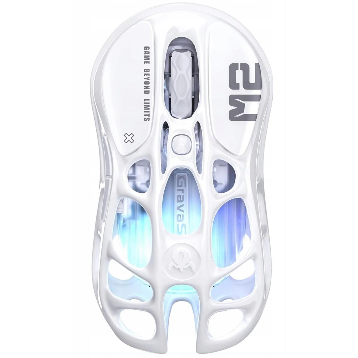 GravaStar Mercury M2 Gaming Mouse With 26,000 DPI, PAW3395 Sensor, 5 customizable buttons with macro support, Opaline White hollow structure.
