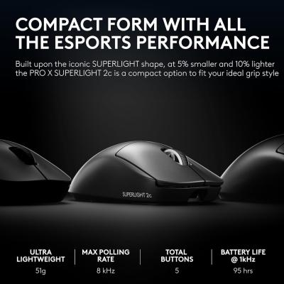 Pro X Superlight 2c Wireless Gaming Mouse: 51g Compact Mini Size, Symmetrical Shape, <8 kHz Polling, 44K DPI, PowerPlay Wireless Charging Supported, USB-C, 5 Programmable Buttons, For PC/Mac - Black