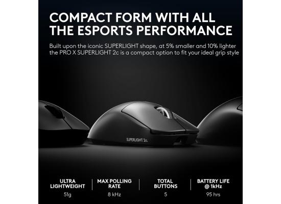 Pro X Superlight 2c Wireless Gaming Mouse: 51g Compact Mini Size, Symmetrical Shape, <8 kHz Polling, 44K DPI, PowerPlay Wireless Charging Supported, USB-C, 5 Programmable Buttons, For PC/Mac - Black