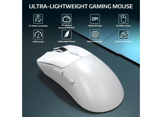 ATTACK SHARK R1 Wireless Gaming Mouse,Tri-Mode Connection (2.4G/Wired/BT5.2),55g Lightweight,18K DPI Optical Sensor,HUYU 20 Million Key Life,Ergonomic Design,for PC/Laptop/Win/Mac(White)