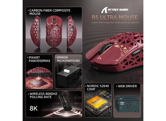 ATTACK SHARK R5Ultra 8K Carbon Fiber Wireless Gaming Mouse with 42000 DPI -PAW3950 MAX Sensor -39g Ultra-Lightweight-Nordic 52840 MCU Chip-Wired/BT/2.4GHz Wirelss Programmable Mouse for PC/Mac (Red)