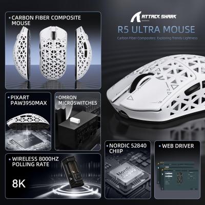 ATTACK SHARK R5Ultra 8K Carbon Fiber Wireless Gaming Mouse with 42000 DPI -PAW3950 MAX Sensor -39g Ultra-Lightweight-Nordic 52840 MCU Chip-Wired/BT/2.4GHz Wirelss Programmable Mouse for PC/Mac (White)