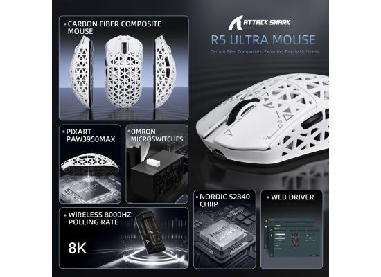 ATTACK SHARK R5Ultra 8K Carbon Fiber Wireless Gaming Mouse with 42000 DPI -PAW3950 MAX Sensor -39g Ultra-Lightweight-Nordic 52840 MCU Chip-Wired/BT/2.4GHz Wirelss Programmable Mouse for PC/Mac (White)