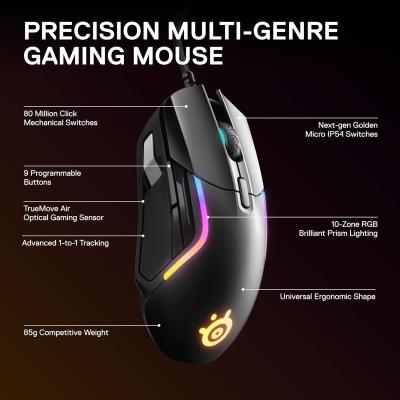 SteelSeries Rival 5 Wired Prism RGB Lighting TrueMove Optical Sensor Ergonomic Gaming Mouse, 18000 CPI, Golden Micro IP54 Switches