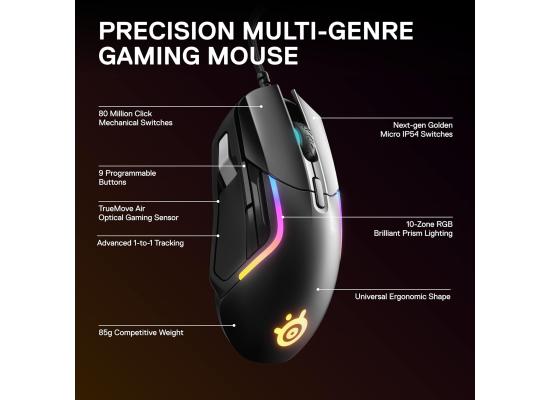 SteelSeries Rival 5 Wired Prism RGB Lighting TrueMove Optical Sensor Ergonomic Gaming Mouse, 18000 CPI, Golden Micro IP54 Switches