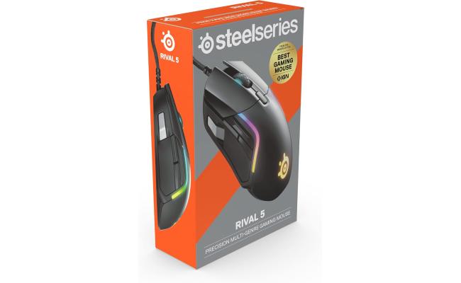 SteelSeries Rival 5 Wired Prism RGB Lighting TrueMove Optical Sensor Ergonomic Gaming Mouse, 18000 CPI, Golden Micro IP54 Switches