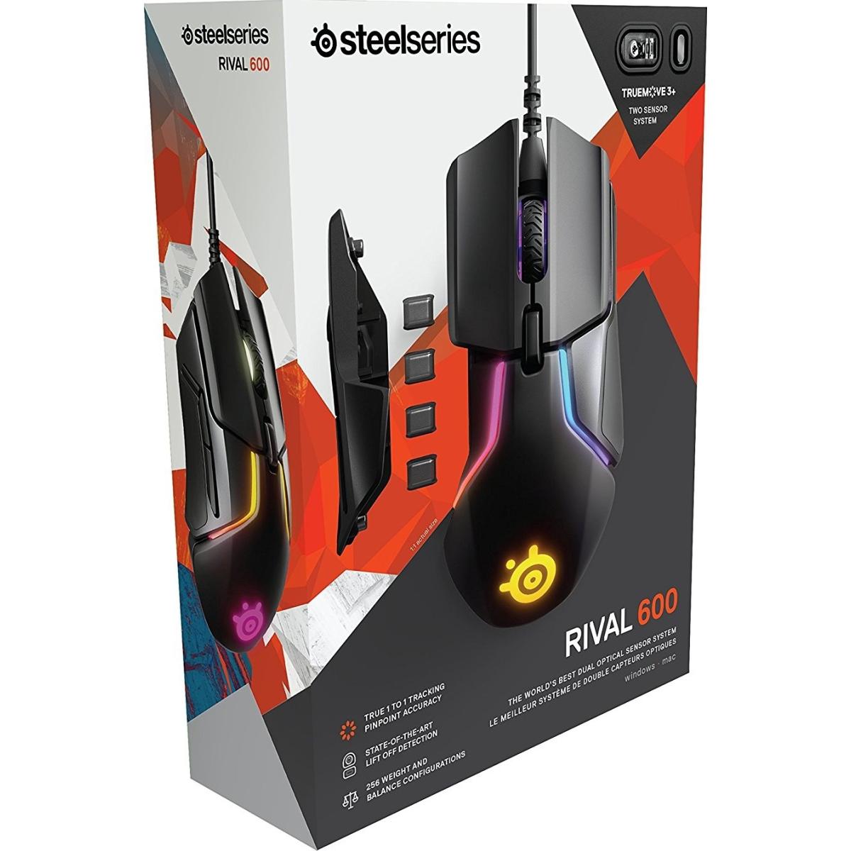 SteelSeries Rival 600 TrueMove3+ Optical Sensor, Precision Esports Wired RGB Gaming Mouse w/ Dual Sensor 12000 CPI, Customizable Weight Up To 128 g