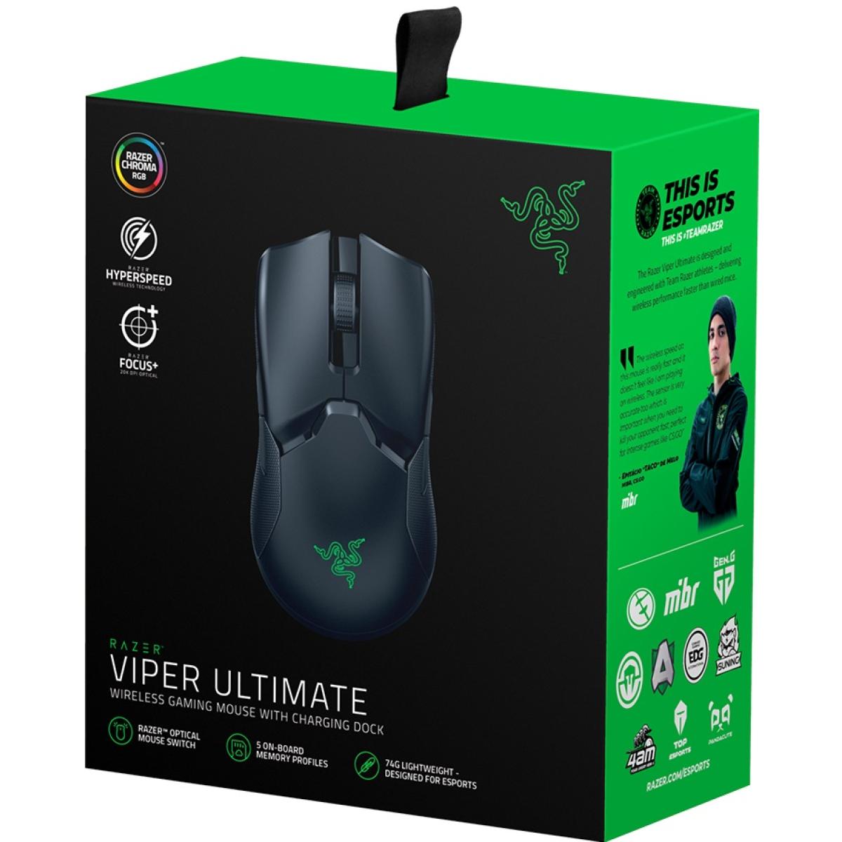 Razer Viper Ultimate w/ Charging Dock Ambidextrous HyperSpeed Wireless Gaming Mouse 20K DPI Optical Switch 70 Hours of Battery Chroma RGB Lighting w/ 8 Programmable Buttons-Black