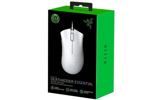 Razer DeathAdder Wired Essential Gaming Mouse 6400 DPI Optical Sensor 5 Programmable Buttons Mechanical Switches Rubber Side Grips-White