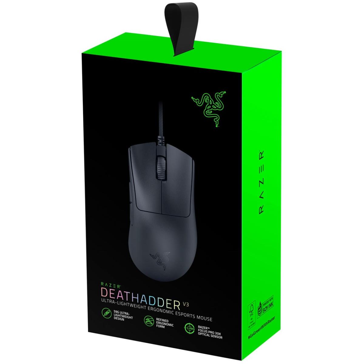 Razer DeathAdder V3 Wired Gaming Mouse 30K DPI Focus Pro Optical Sensor, 59g Ultra-Lightweight Ergo Design 6 Programmable Buttons Up To 8000Hz Polling Rate - Black