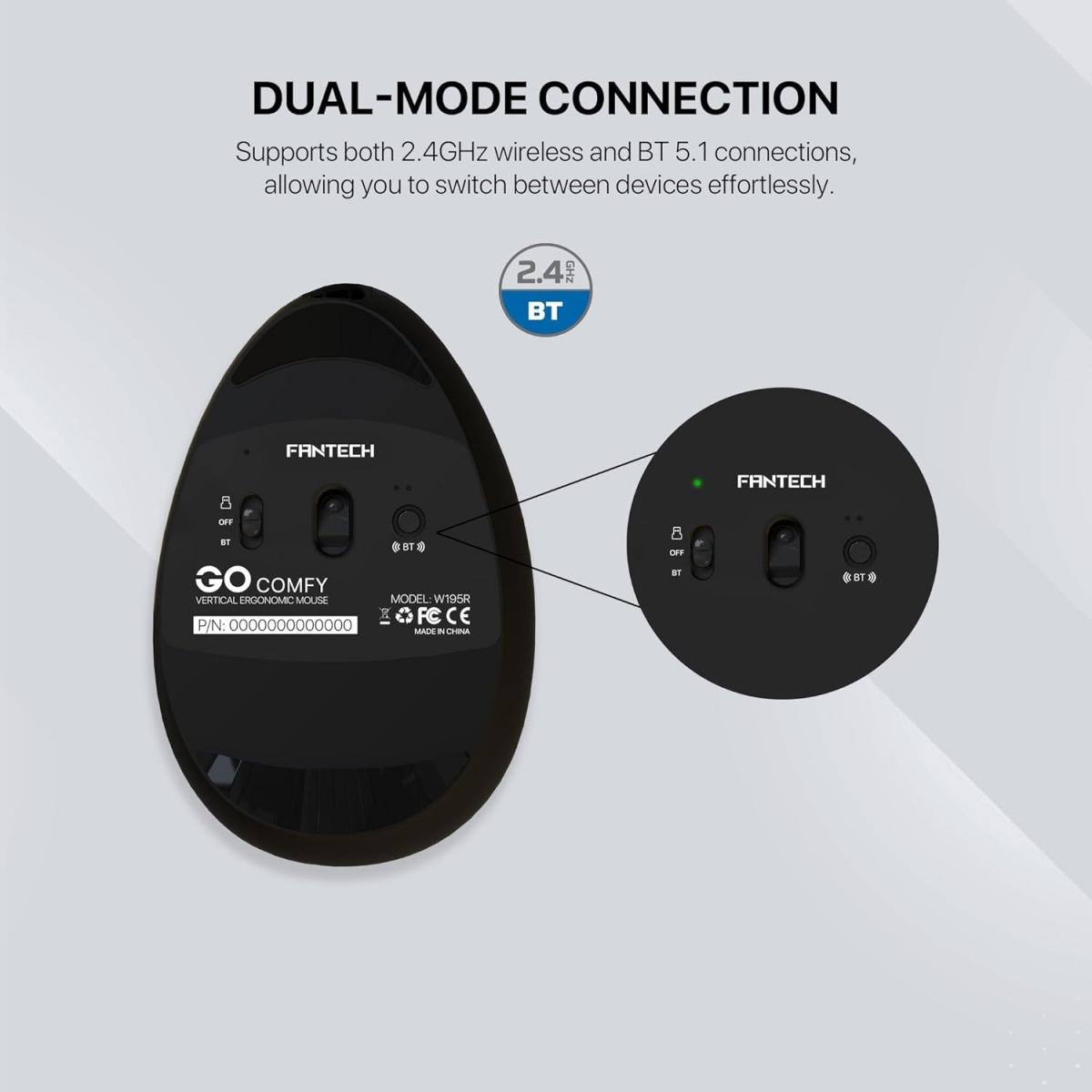 Fantech Comfy W195R Vertical Ergonomic Wireless Mouse – Silent Clicks, 2.4GHz & Bluetooth, Office & Home Use (Black)