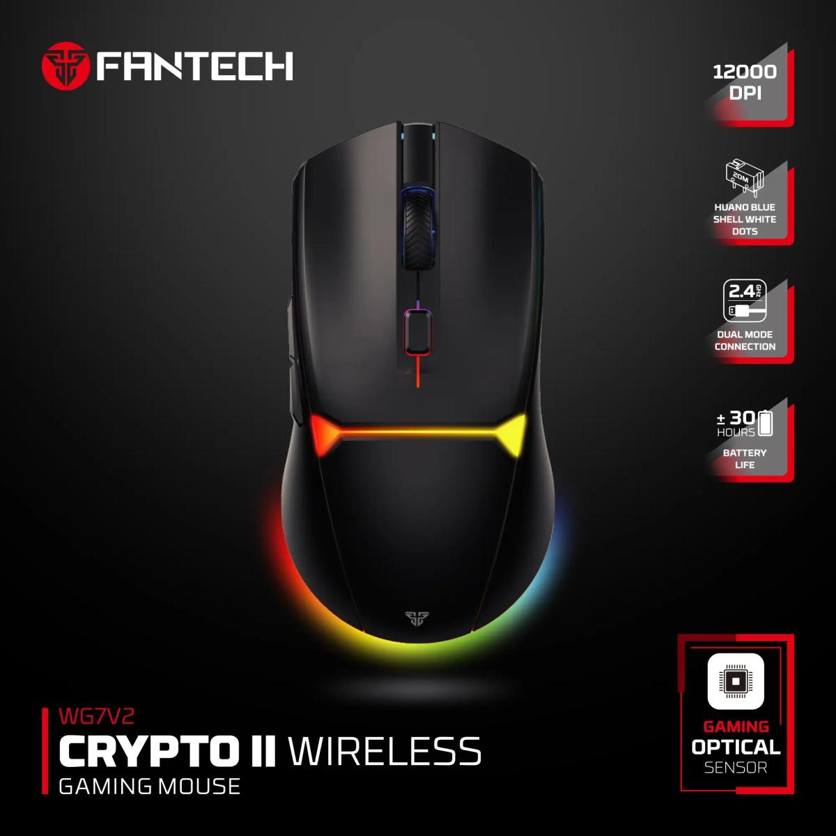 FANTECH WG7V2 CRYPTO II Wireless Gaming Mouse - White, Switch Lifetime: 20 Million Clicks Sensor: Optical Gaming Sensor DPI (Max): 12000 DPI-Black