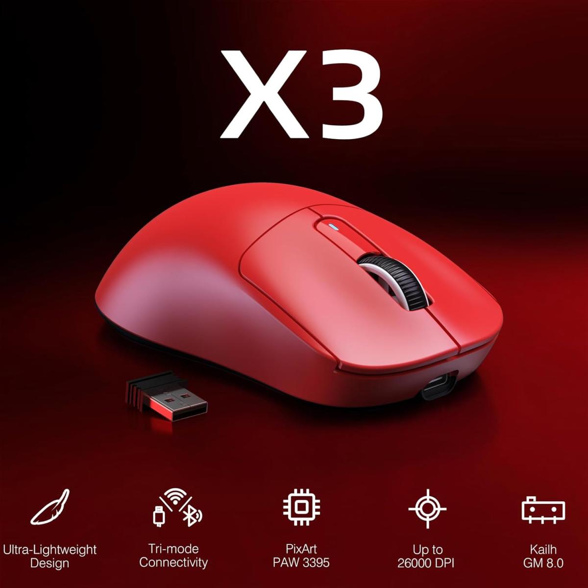 ATTACK SHARK X3 Wireless Gaming Mouse, 49g Ergonomic Computer Mouse, Triple Modes PAW3395 26K DPI Optical Sensor, 200h Battery Life, Programmable Buttons, Gaming Accessories for PC/Laptop/Mac (Red) ATTACK SHARK X3 Wireless Gaming Mouse, 49g Ergonomic Computer Mouse, Triple Modes PAW3395 26K DPI Optical Sensor, 200h Battery Life, Programmable Buttons, Gaming Accessories for PC/Laptop/Mac (Red)