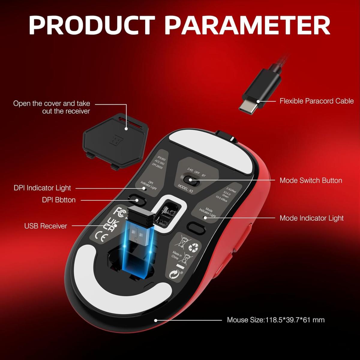 ATTACK SHARK X3 Wireless Gaming Mouse, 49g Ergonomic Computer Mouse, Triple Modes PAW3395 26K DPI Optical Sensor, 200h Battery Life, Programmable Buttons, Gaming Accessories for PC/Laptop/Mac (Red) ATTACK SHARK X3 Wireless Gaming Mouse, 49g Ergonomic Computer Mouse, Triple Modes PAW3395 26K DPI Optical Sensor, 200h Battery Life, Programmable Buttons, Gaming Accessories for PC/Laptop/Mac (Red)