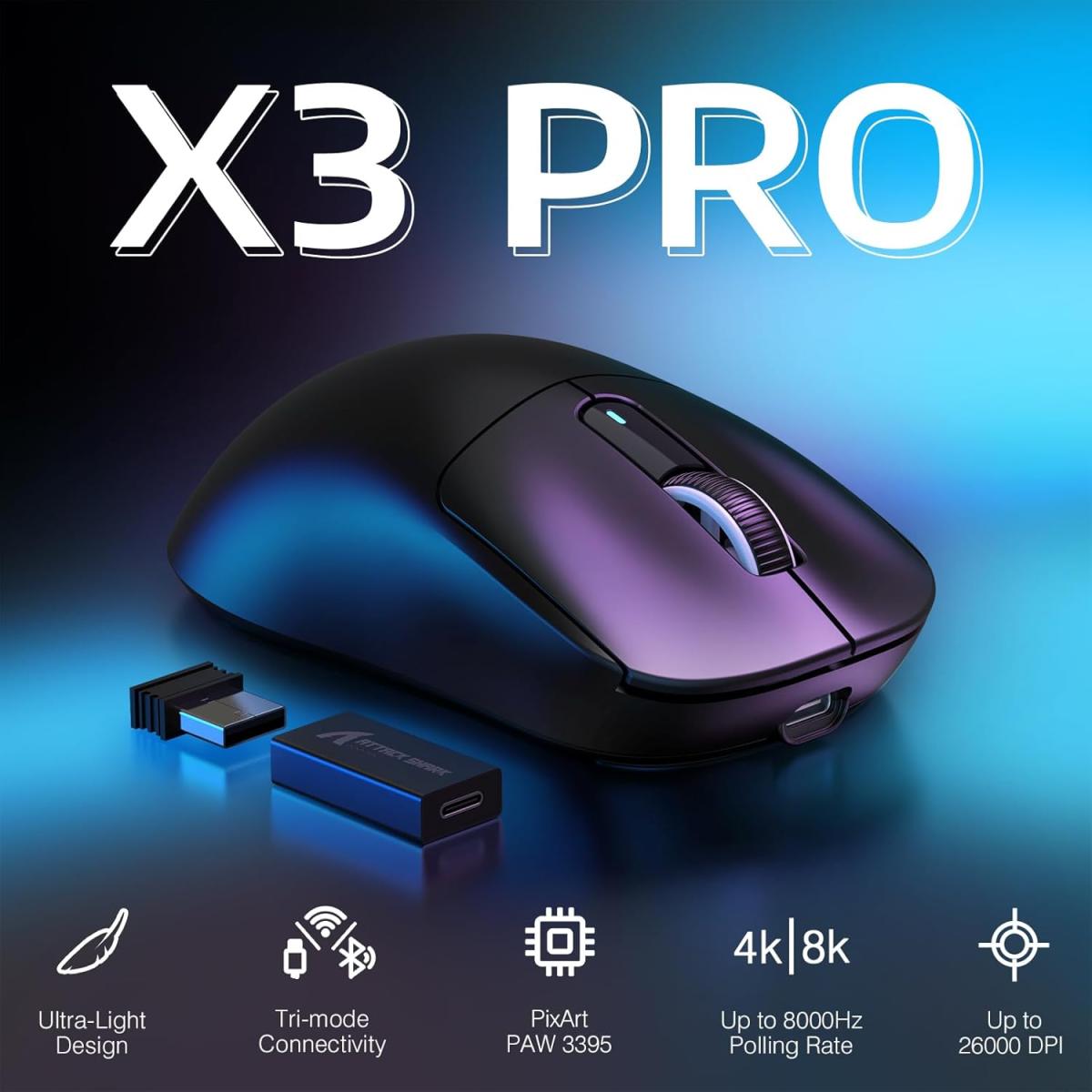 ATTACK SHARK X3PRO 4K/8K Lightweight Wireless Gaming Mouse with Tri-Mode(Wired/2.4GHz/BT),PAW3395 Optical Sensor,26K DPI,Kailh GM8.0 Switch,Long Battery,7 Buttons for PC/Laptop/Win/Mac(Black) ATTACK SHARK X3PRO 4K/8K Lightweight Wireless Gaming Mouse with Tri-Mode(Wired/2.4GHz/BT),PAW3395 Optical Sensor,26K DPI,Kailh GM8.0 Switch,Long Battery,7 Buttons for PC/Laptop/Win/Mac(Black)