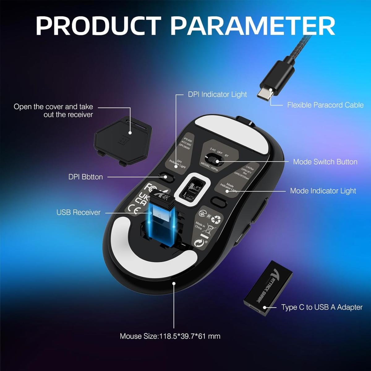 ATTACK SHARK X3PRO 4K/8K Lightweight Wireless Gaming Mouse with Tri-Mode(Wired/2.4GHz/BT),PAW3395 Optical Sensor,26K DPI,Kailh GM8.0 Switch,Long Battery,7 Buttons for PC/Laptop/Win/Mac(Black) ATTACK SHARK X3PRO 4K/8K Lightweight Wireless Gaming Mouse with Tri-Mode(Wired/2.4GHz/BT),PAW3395 Optical Sensor,26K DPI,Kailh GM8.0 Switch,Long Battery,7 Buttons for PC/Laptop/Win/Mac(Black)