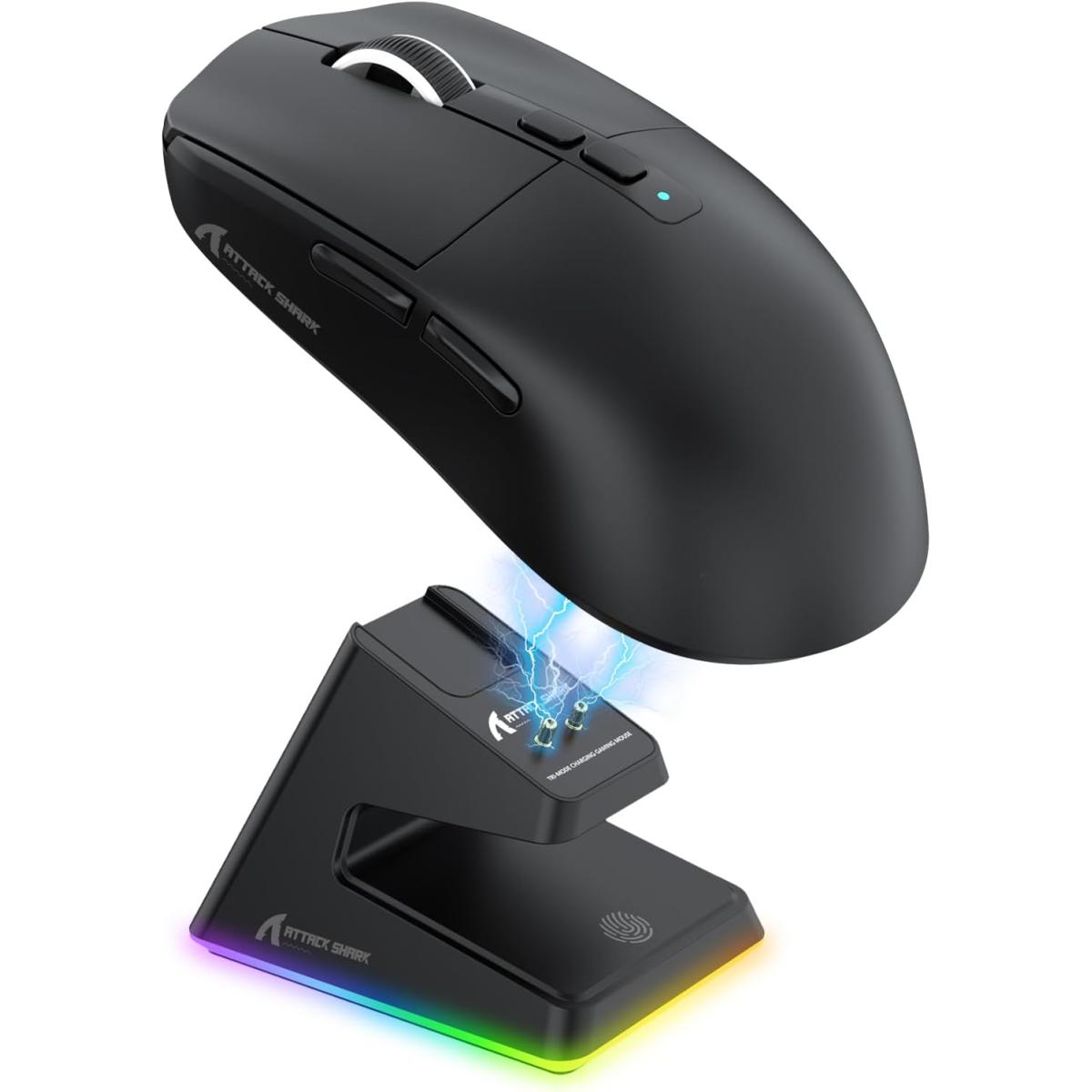 ATTACK SHARK X6 Lightweight Wireless Gaming Mouse with RGB Backlight Charging Base,Tri-Mode Wired/2.4GHz/BT5.2,26K DPI, PAW3395 Optical Sensor,HUANO Switch,5programmable Buttons,PC/Mac(Black)