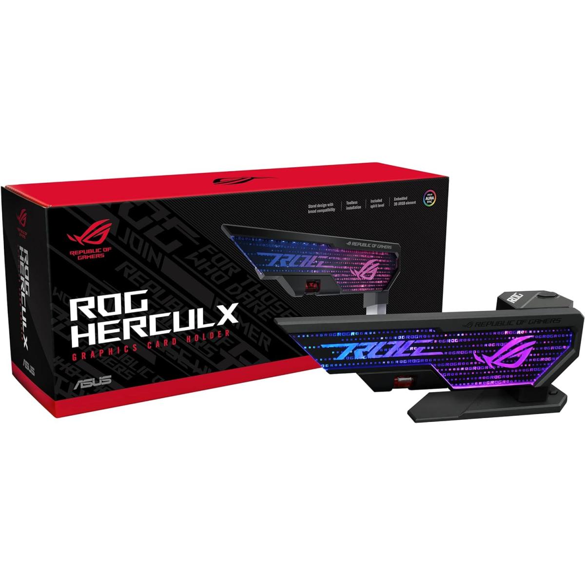ASUS ROG Herculx Graphics Card Anti-Sag Holder Bracket (Solid Zinc Alloy Construction, Easy Toolless Installation, Included Spirit Level, Adjustable Height, Wide Compatibility, Aura Sync RGB