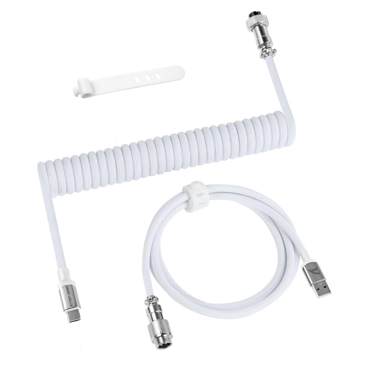 ATTACK SHARK C01 PRO Coiled Keyboard Cable, Custom Coiled USB C Cable for Mechanical Gaming Keyboard,Type-C to USB-A Metal Aviator Cable,Double-Sleeved Braided Charging Keyboard Cable for Mac,PC-White