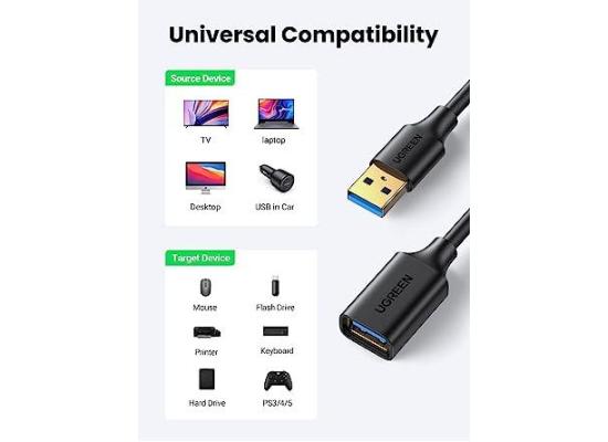 UGREEN USB Extension Cable, Black, 480 Mbps data transfer rate, Usb Male USB Female 2M.