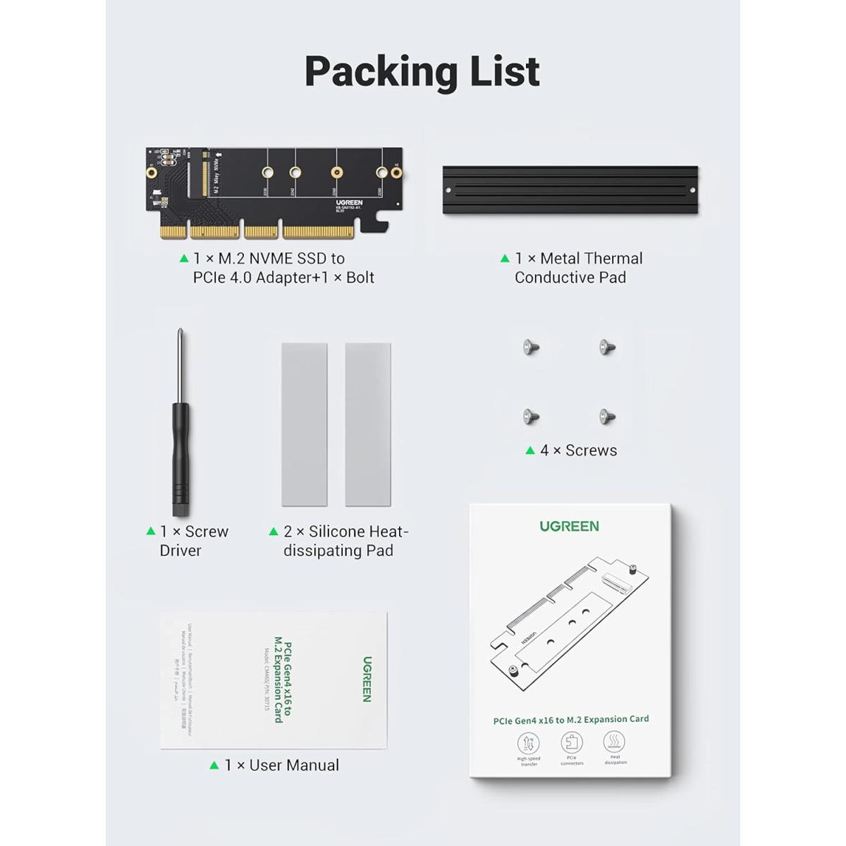UGREEN PCIe 4.0 M.2 NVMe Adapter, 64Gbps, Heat Sink, M-Key & M&B-Key, NVMe/AHCI SSD 2280/2260/2242/2230, PCIe X16/X8/X4, Windows 7/8/10, Linux, Mac OS 9/10, Part Number 30715