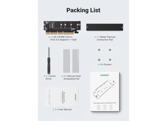 UGREEN PCIe 4.0 M.2 NVMe Adapter, 64Gbps, Heat Sink, M-Key & M&B-Key, NVMe/AHCI SSD 2280/2260/2242/2230, PCIe X16/X8/X4, Windows 7/8/10, Linux, Mac OS 9/10, Part Number 30715