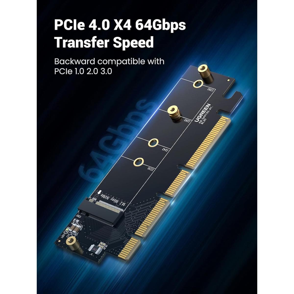 UGREEN PCIe 4.0 M.2 NVMe Adapter, 64Gbps, Heat Sink, M-Key & M&B-Key, NVMe/AHCI SSD 2280/2260/2242/2230, PCIe X16/X8/X4, Windows 7/8/10, Linux, Mac OS 9/10, Part Number 30715