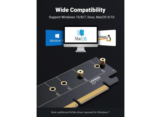 UGREEN PCIe 4.0 M.2 NVMe Adapter, 64Gbps, Heat Sink, M-Key & M&B-Key, NVMe/AHCI SSD 2280/2260/2242/2230, PCIe X16/X8/X4, Windows 7/8/10, Linux, Mac OS 9/10, Part Number 30715