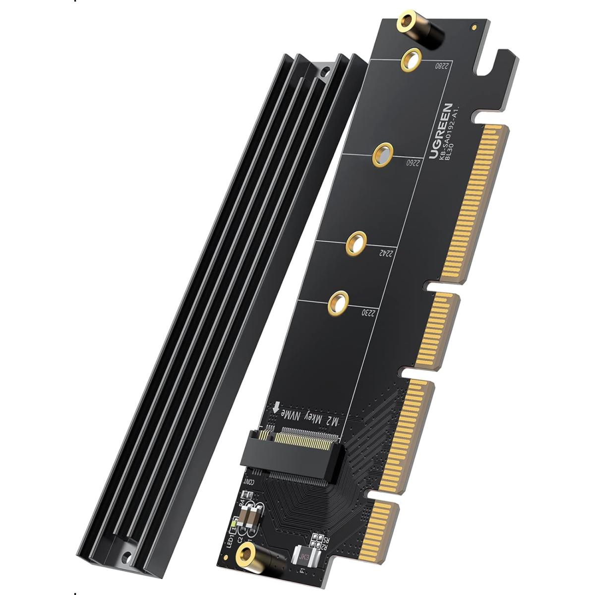 UGREEN PCIe 4.0 M.2 NVMe Adapter, 64Gbps, Heat Sink, M-Key & M&B-Key, NVMe/AHCI SSD 2280/2260/2242/2230, PCIe X16/X8/X4, Windows 7/8/10, Linux, Mac OS 9/10, Part Number 30715