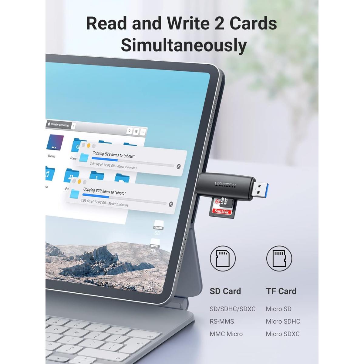 UGREEN SD Card Reader - Portable USB 3.0 Dual Slot Flash Memory Card Adapter Hub for SDXC, SDHC, MMC, RS-MMC, TF, Micro SDXC, Micro SDHC UHS-I for Mac, Windows, Linux, Chrome PC, Laptop UGREEN SD Card Reader - Portable USB 3.0 Dual Slot Flash Memory Card Adapter Hub for SDXC, SDHC, MMC, RS-MMC, TF, Micro SDXC, Micro SDHC UHS-I for Mac, Windows, Linux, Chrome PC, Laptop