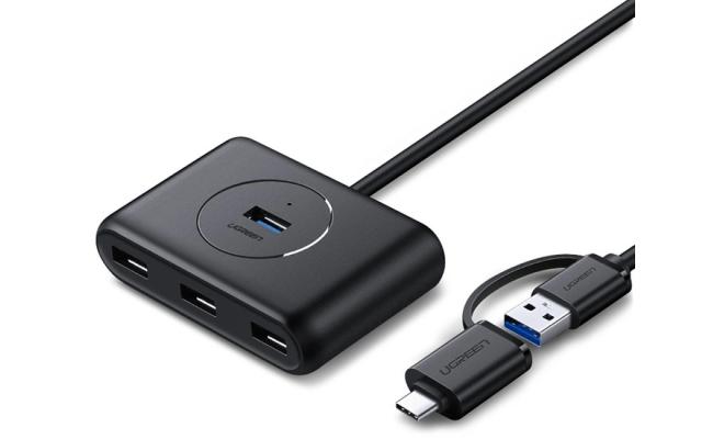 UGREEN,(40850) USB HUB SPLITTER 4 PORTS USB 3.0 WITH USB-A AND USB-C CABLE 1M.