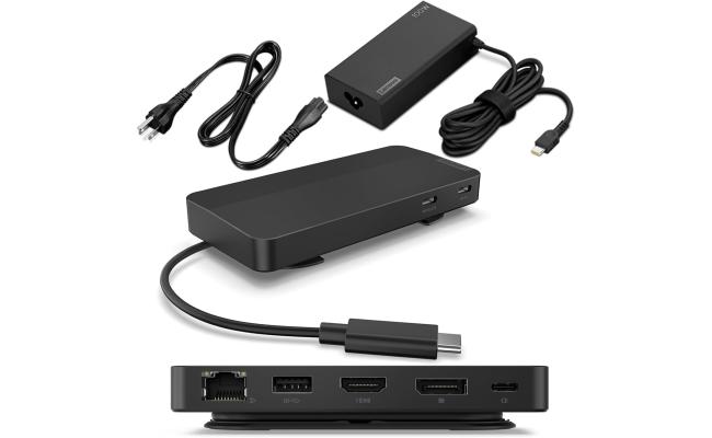 Lenovo USB-C Dual Display Travel Dock w/ 100W Power Adapter - 7 Ports, Integrated USB-C Cable, Universal Compatibility, Dual Displays at 4K - Black