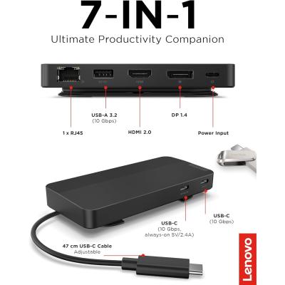 Lenovo USB-C Dual Display Travel Dock w/ 100W Power Adapter - 7 Ports, Integrated USB-C Cable, Universal Compatibility, Dual Displays at 4K - Black
