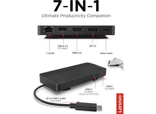 Lenovo USB-C Dual Display Travel Dock w/ 100W Power Adapter - 7 Ports, Integrated USB-C Cable, Universal Compatibility, Dual Displays at 4K - Black