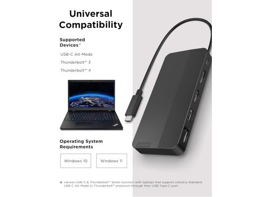 Lenovo USB-C Dual Display Travel Dock w/ 100W Power Adapter - 7 Ports, Integrated USB-C Cable, Universal Compatibility, Dual Displays at 4K - Black