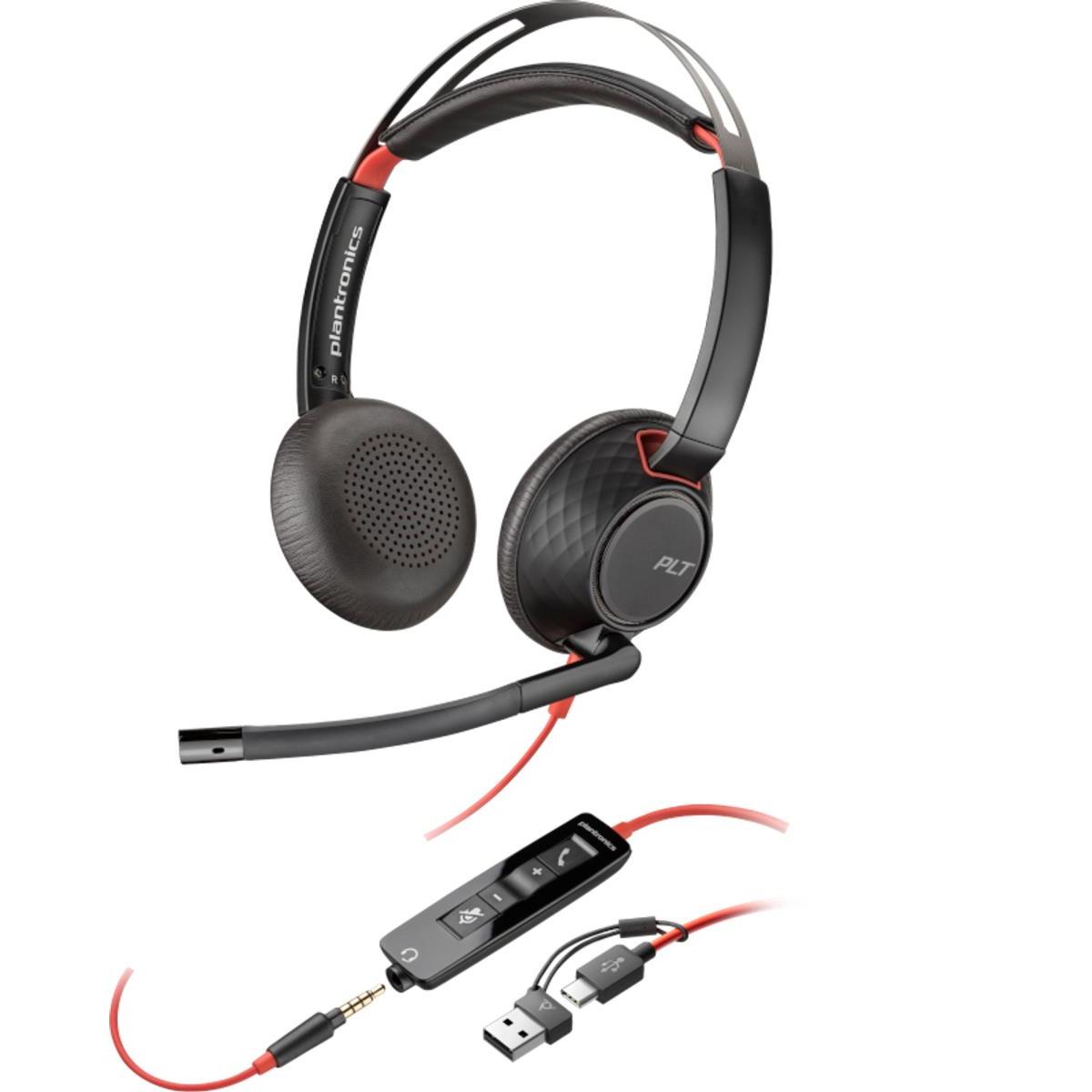 Poly Blackwire 5220 Stereo USB-C Headset, 32mm Driver Size, Omnidirectional Microphone Style, 3.5mm Plug + USB-C & USB-A Adapter Connectivity, Black | 8X231AA