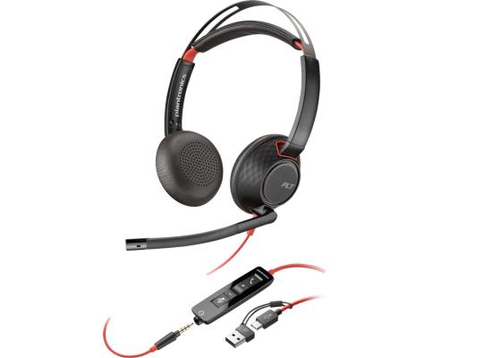 Poly Blackwire 5220 Stereo USB-C Headset, 32mm Driver Size, Omnidirectional Microphone Style, 3.5mm Plug + USB-C & USB-A Adapter Connectivity, Black | 8X231AA