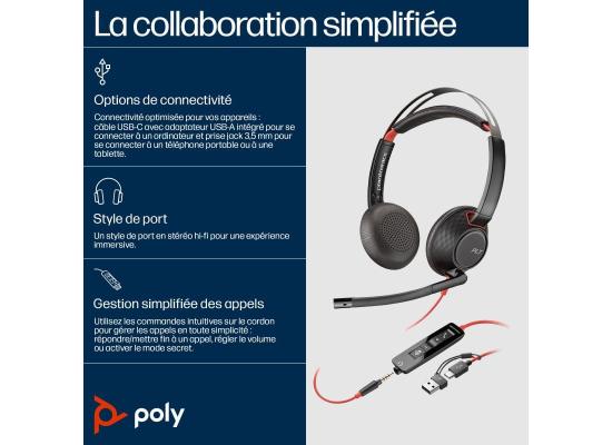 Poly Blackwire 5220 Stereo USB-C Headset + 3.5mm Plug + USB-C/A Adapter (Bulk)