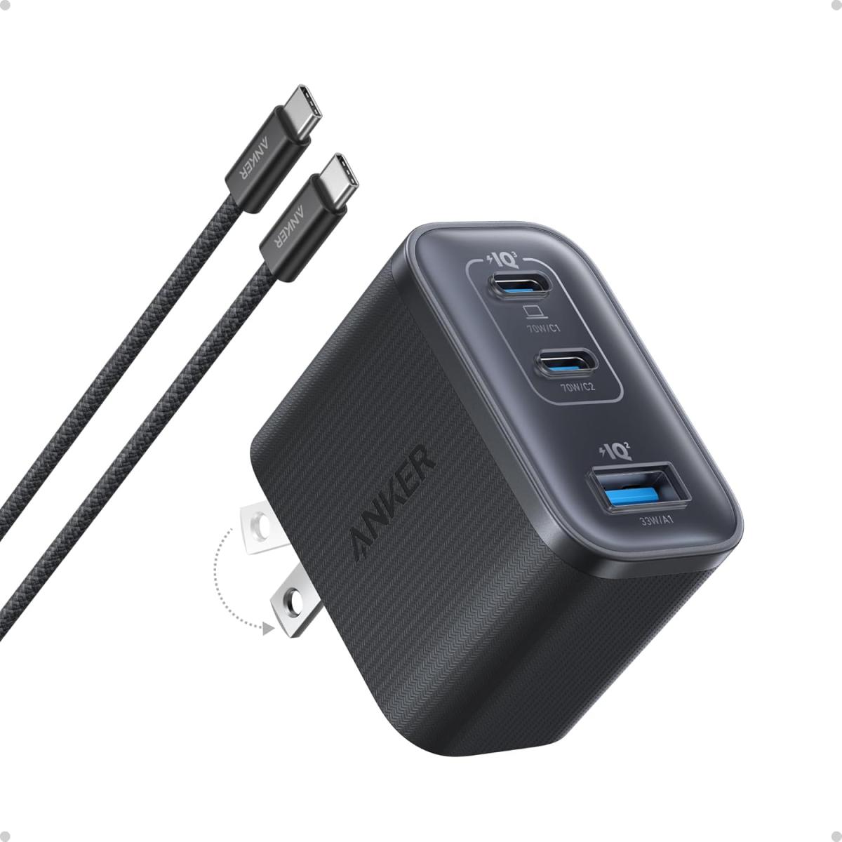 Anker Nano Charger, Ultra-Fast 70W Output 3-Port USB C Charger Block, Fast Charging, Compact and Stylish, for, MacBook, iPad, and More.