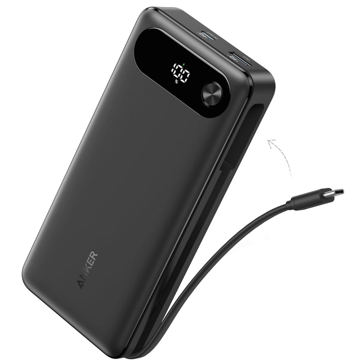 Anker Power Bank, 20,000mAh Travel Essential Portable Charger with Built-in USB-C Cable, 3-Port 87W Max Fast Charging Battery Pack.