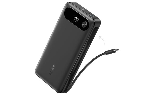 Anker Power Bank, 20,000mAh Travel Essential Portable Charger with Built-in USB-C Cable, 3-Port 87W Max Fast Charging Battery Pack.