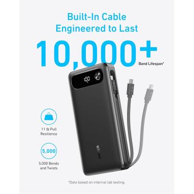 Anker Power Bank, 20,000mAh Travel Essential Portable Charger with Built-in USB-C Cable, 3-Port 87W Max Fast Charging Battery Pack.
