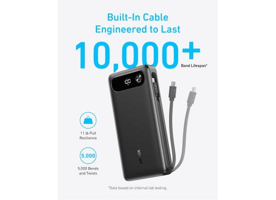 Anker Power Bank, 20,000mAh Travel Essential Portable Charger with Built-in USB-C Cable, 3-Port 87W Max Fast Charging Battery Pack.