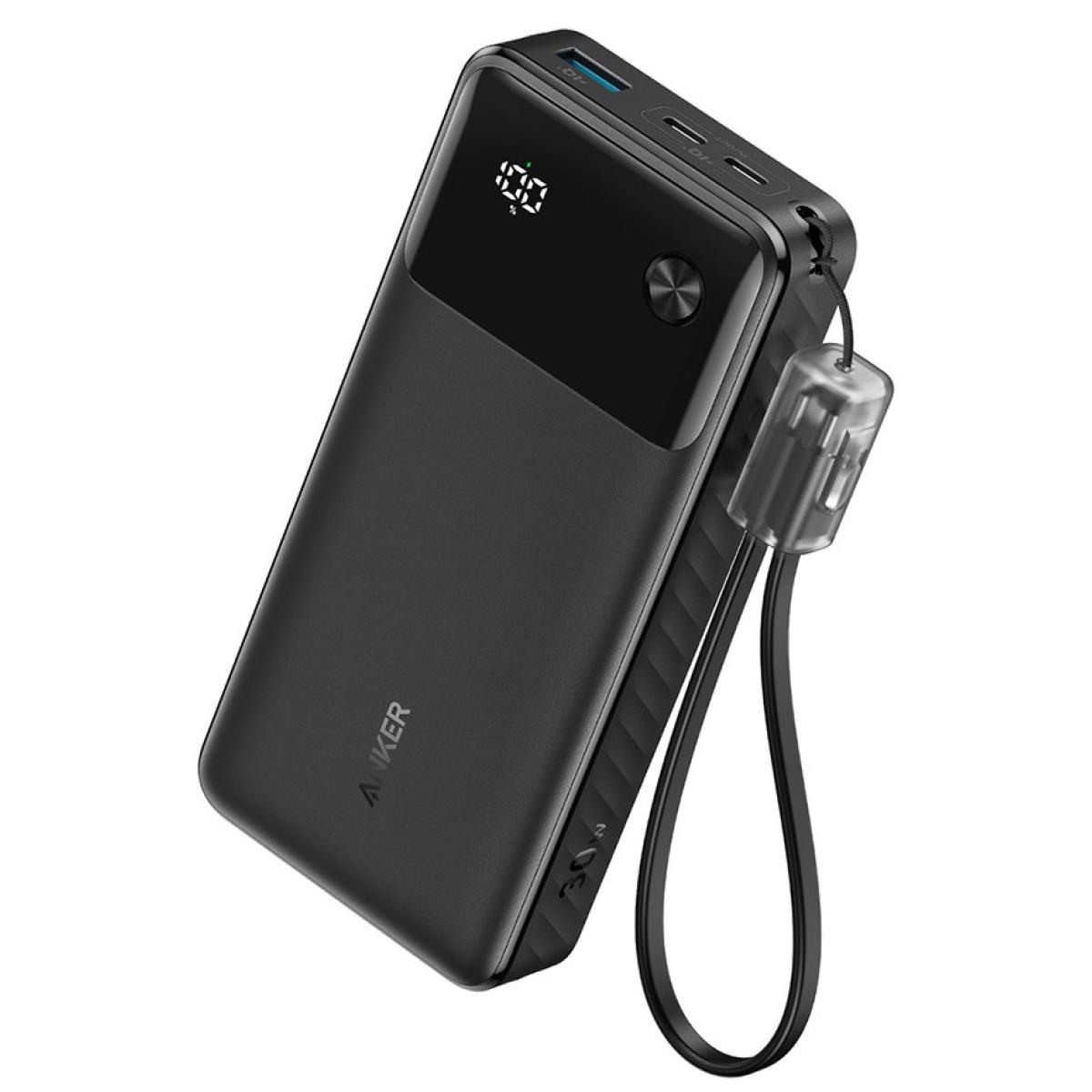 Anker Power Bank, 20,000mAh 30W Travel Essential Portable Charger with Built-in USB-C Cable, Fast Charging Battery Pack.