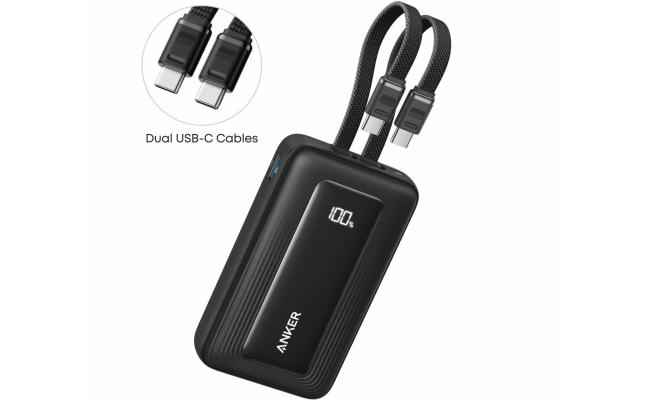 Anker Zolo Power Bank, 10,000mAh 30W Max Fast Portable Charger with Built-in USB-C and MFi Certified Lightning Cables, USB-C&A, Battery Pack.
