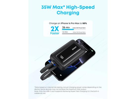 Anker Zolo Power Bank, 10,000mAh 30W Max Fast Portable Charger with Built-in USB-C and MFi Certified Lightning Cables, USB-C&A, Battery Pack.