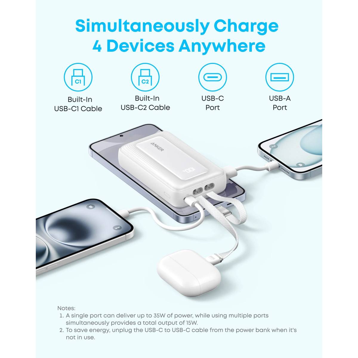 Anker Zolo Power Bank, 10,000mAh 30W Max Fast Portable Charger with Built-in USB-C and MFi Certified Lightning Cables, USB-C&A, Battery Pack. Anker Zolo Power Bank, 10,000mAh 30W Max Fast Portable Charger with Built-in USB-C and MFi Certified Lightning Cables, USB-C&A, Battery Pack.